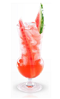 The Watermelon Mojito is a red colored drink made from Yeyo silver tequila, watermelon, lemon and simple syrup, and served over ice in a hurricane glass.