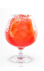 The Yeyo Strawberry Lemonade is a red colored drink made from Yeyo silver tequila, strawberries, lemon and simple syrup, and served over ice in a chilled brandy snifter.